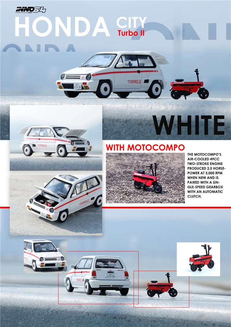 INNO 1:64 HONDA CITY TURBO II Белый Красный MOTOCOMPO литая модель автомобиля | Игрушки и хобби