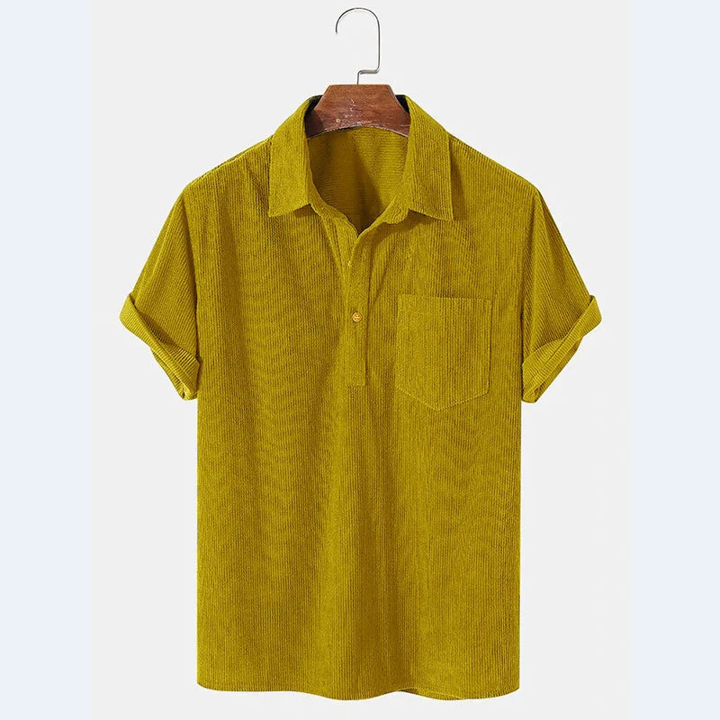 2022 new men's casual loose corduroy short sleeve shirt solid color Lapel comfortable shirt