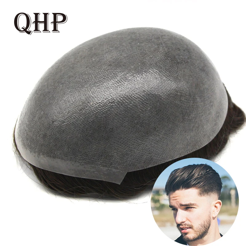 Double Knot Toupee Men 0.06-0.08mm Skin PU Wigs For Men Durable Man Wigs Male Hair Prosthesis 100% Natural Human Hair Wigs