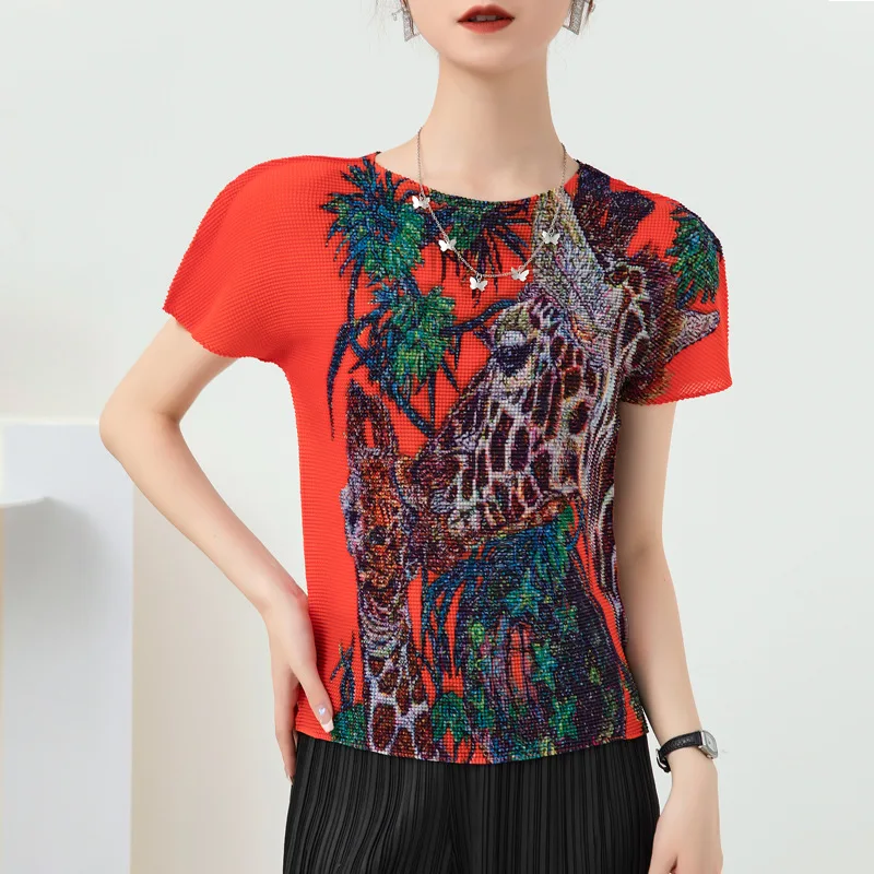 

Miyake, плиссированный топ для женщин, лето 2022, новинка, с принтом, стрейч, короткий рукав, кукуруза, плиссированная, Приталенная футболка с круг...