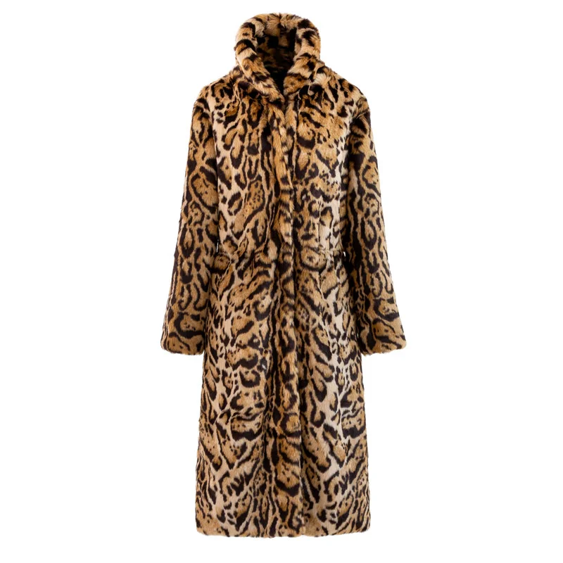 ICCLEK Large leopard fur coat Long female imitation mink Rex Rabbit Plush loose jacket Plush coat winter