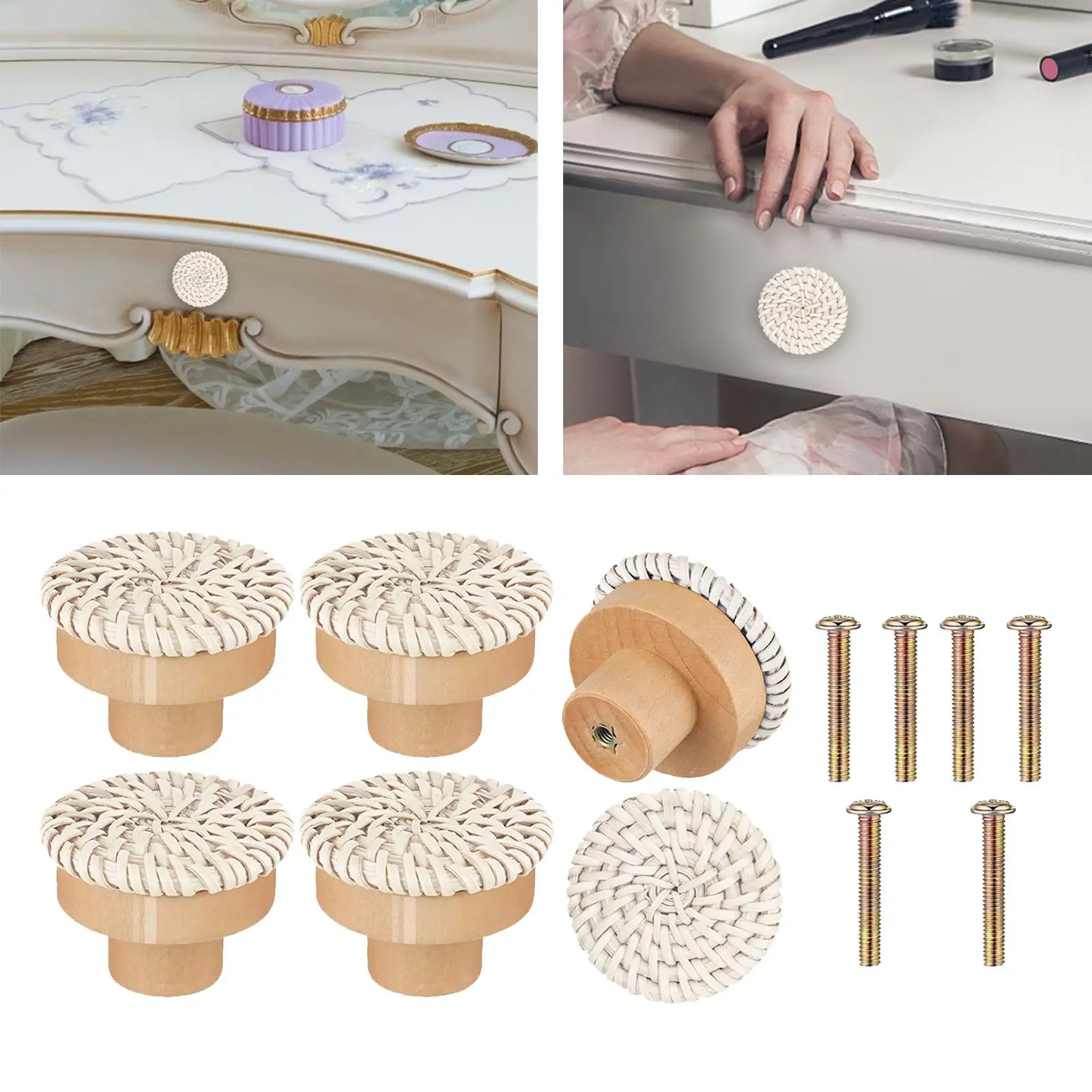 

Round Dresser Handles with Screws Wicker Woven for Wardrobes Furniture