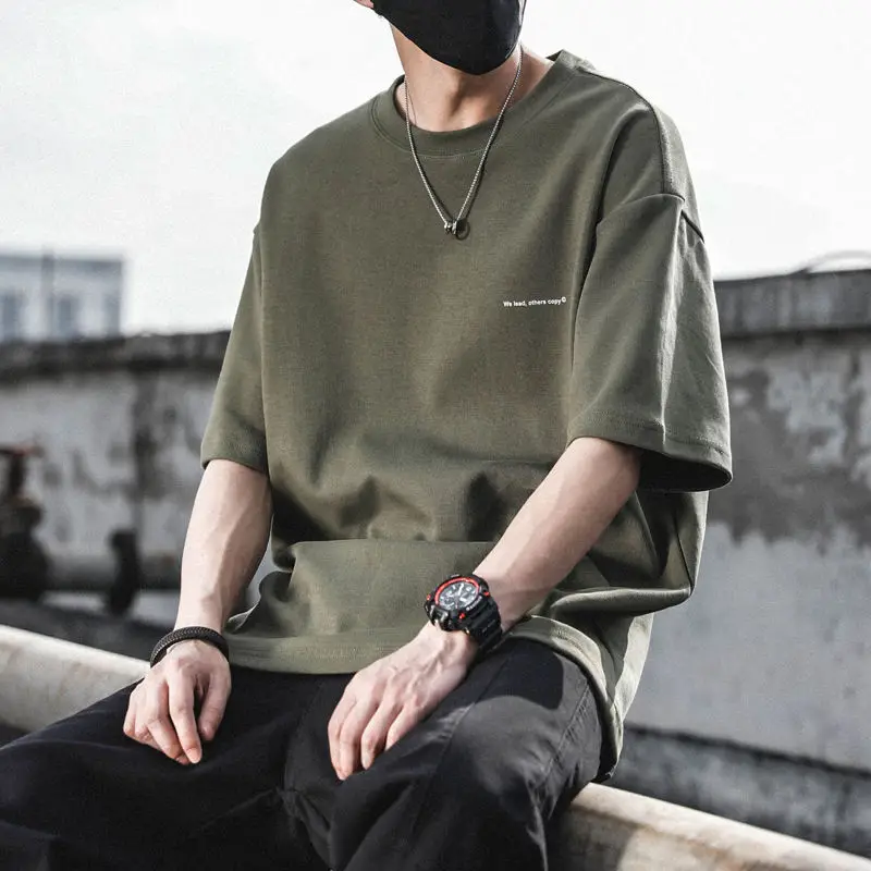 

American Vintage T-shirt Men's Clothing Summer Oversized Casual Loose Solid Printed Half Sleeve Tshirt O-neck Basic Pullovers