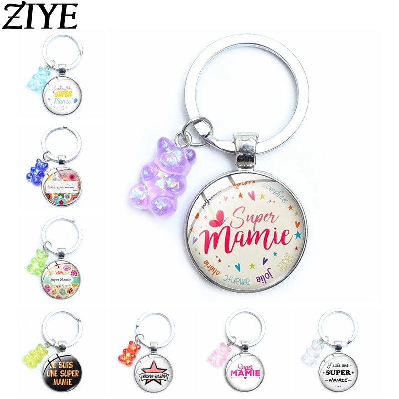 

Super Mami Keychain Cute Bears Charms Glass Cabochon Base Pendant Je Suis Une Mamie Super Keyring Jewelry Mother Bag Accessories