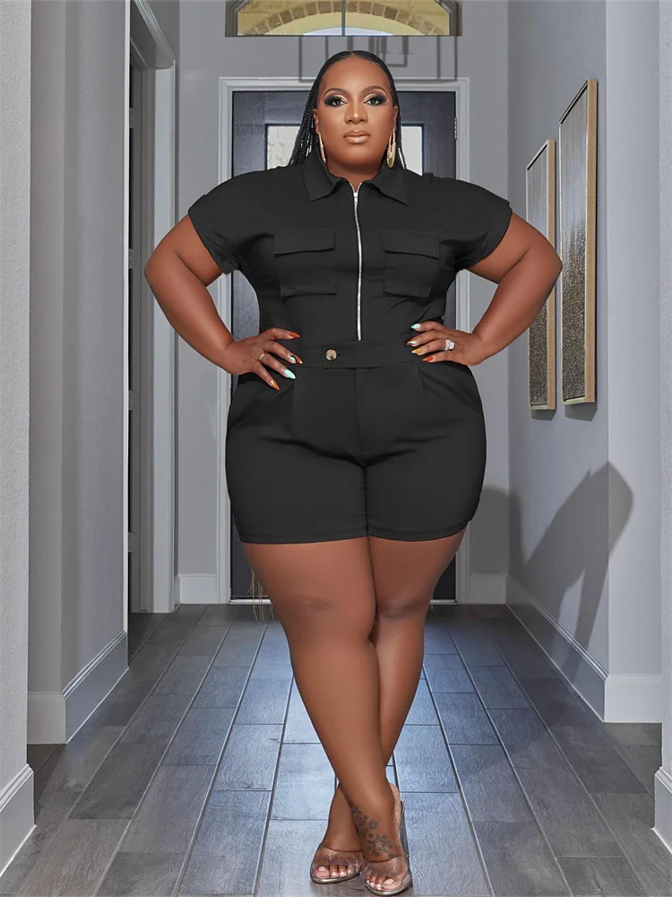 Plus Size 2 Piece Set Women Solid Zipper Tops and Shorts Pants Pockets Leggings Fashion Matching 3xl 4xl 5xl 6xl