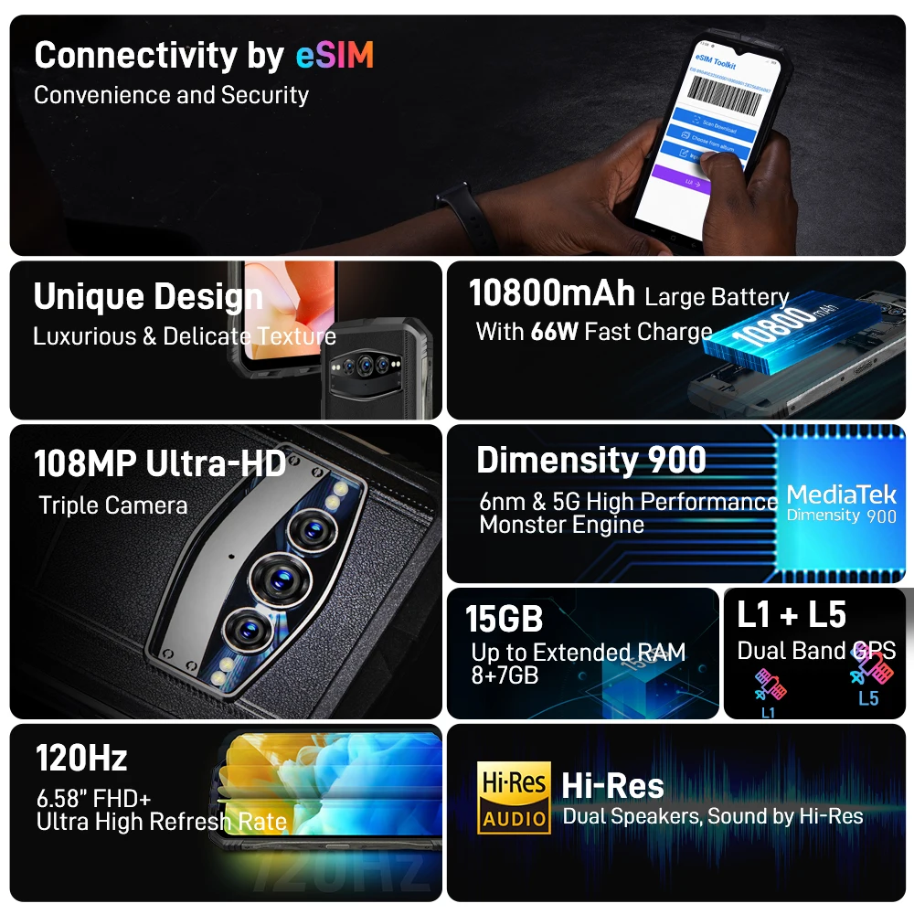 eSIM Dual 5G Rugged Phone DOOGEE V30 10800mAh 6.58Inch FHD 120Hz Display Dimensity 900 6nm Dual Speakers 8GB+256GB 108MP Camera