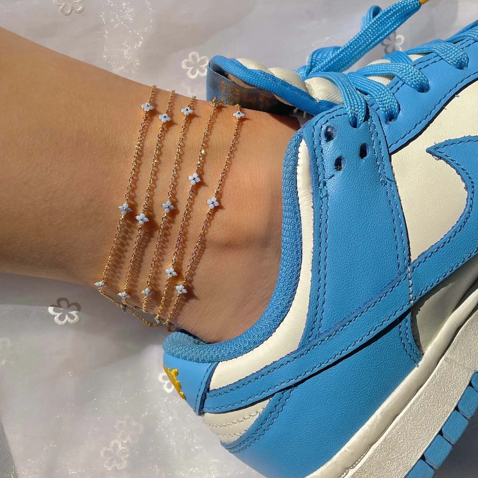 New INS Creative Blue Flower Anklet Cute Copper Gold Plated Zircon Ankle Chain For Women Girls Fashion Jewelry Gift