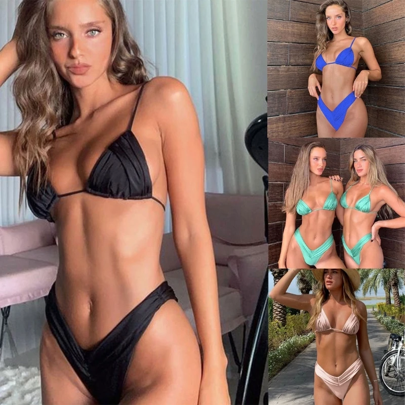 

Однотонный комплект бикини из двух предметов с мягкой сумкой, женский купальный костюм с узелком для треугольной пляжной одежды, купальник ...