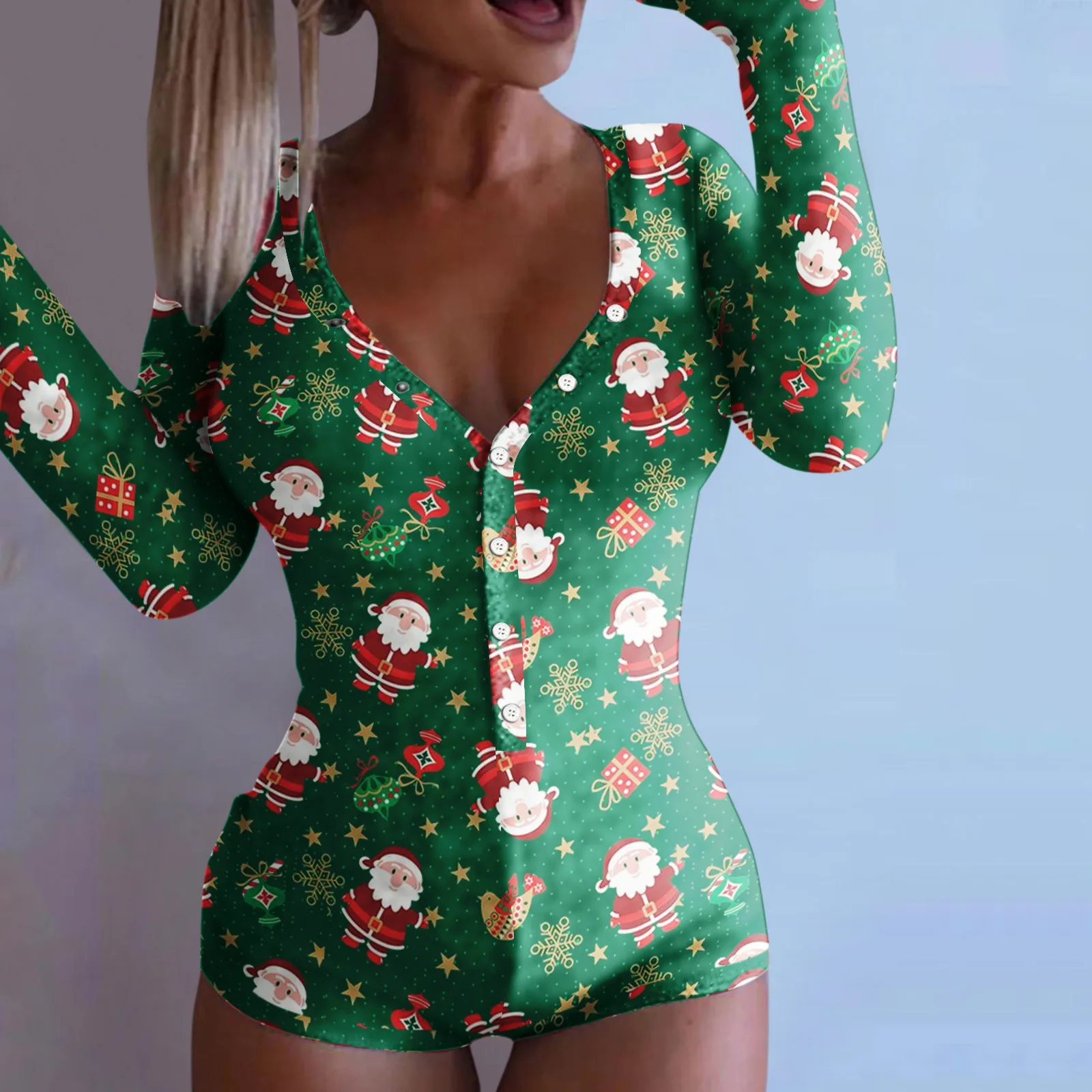 

Women Christmas Romper Set V Neck Print Long Sleeve Nightwear Jumpsuit Warm Bodysuit Soft And Sexy Fleece Jumpsuit Women