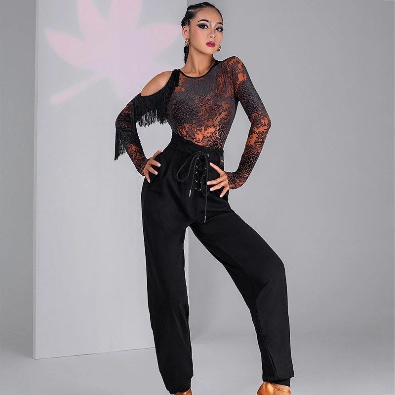 

Female Velvet Hollow Sleeve Fringed Latin Top Latin Dance Tops For Women Latin Dance Costumes Modern Practice Clothes 2022