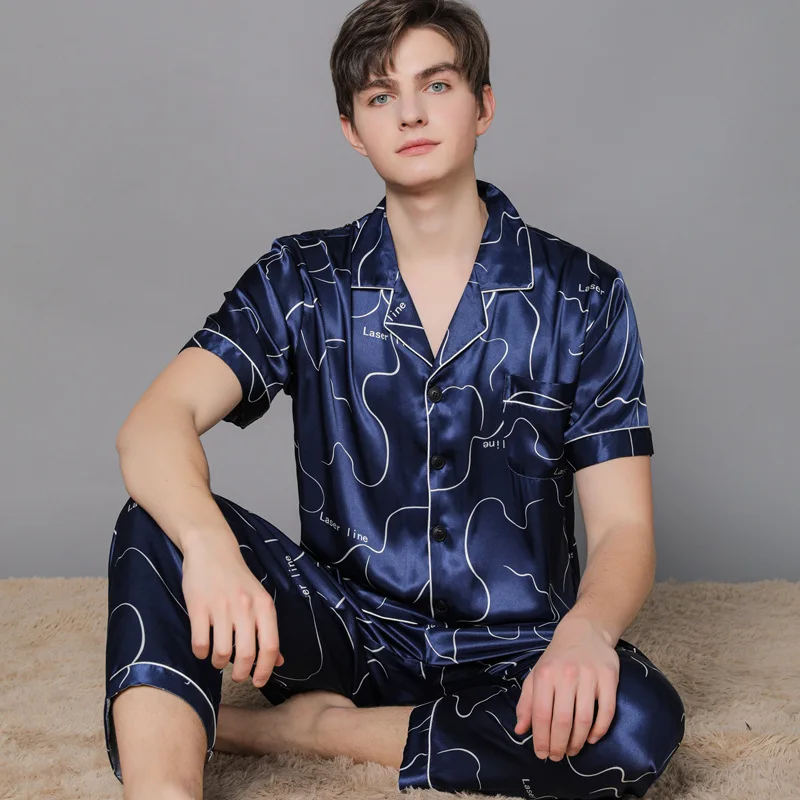 Flame Of Dream Spring And Summer Men's Silk Short Sleeved Trousers Thin Pajamas Imitation Silk  Men's Home Clothes 22716