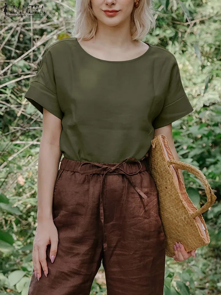 

Коллекция 2022 года, Женская однотонная хлопковая блузка ZANZEA с коротким рукавом и круглым вырезом, женская летняя винтажная блузка, модная по...
