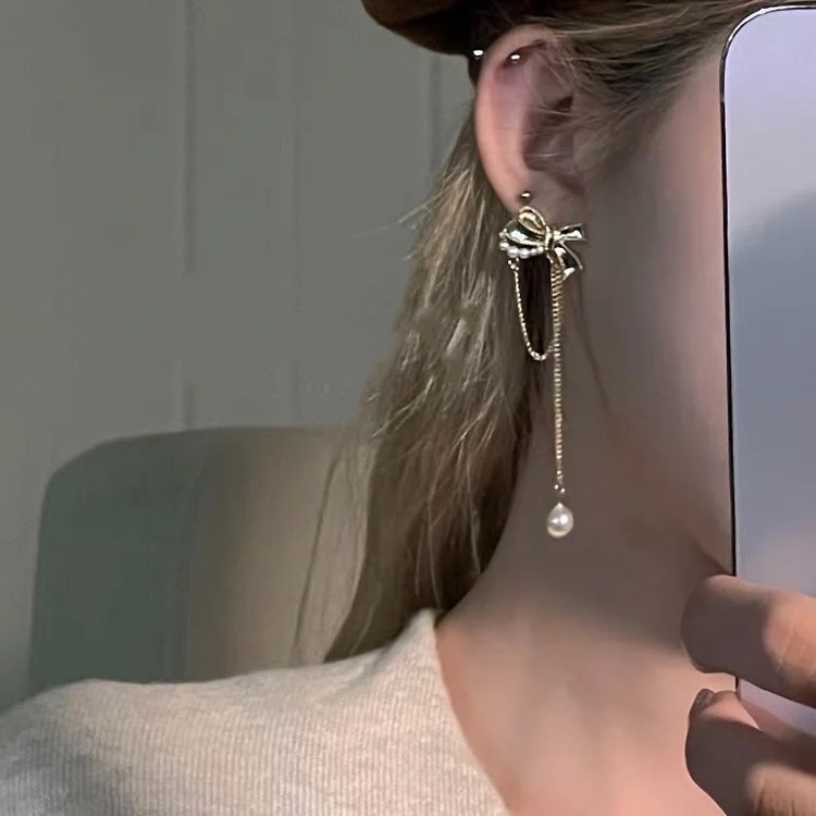 

Сверкающая подвеска длинный Волшебный жемчуг бант мягкая кисточка серьги-гвоздики Серебряная игла