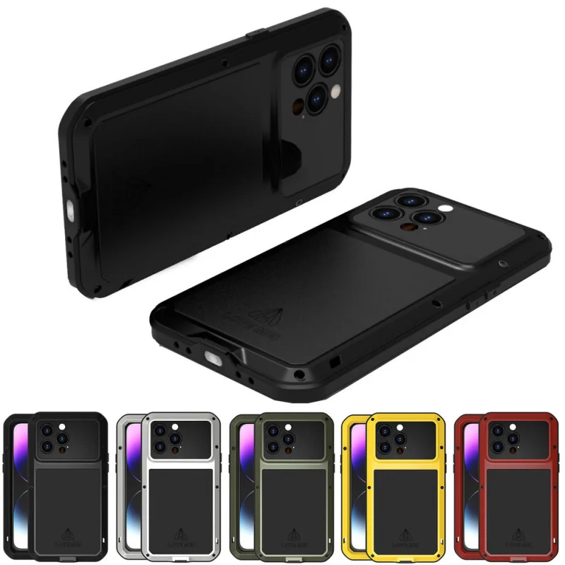 

Aluminium Heavy Duty Tempered Glass Screen Phone Case For iPhone 14 15 Pro Max Wireless Charging Large Window Full Protect Cover