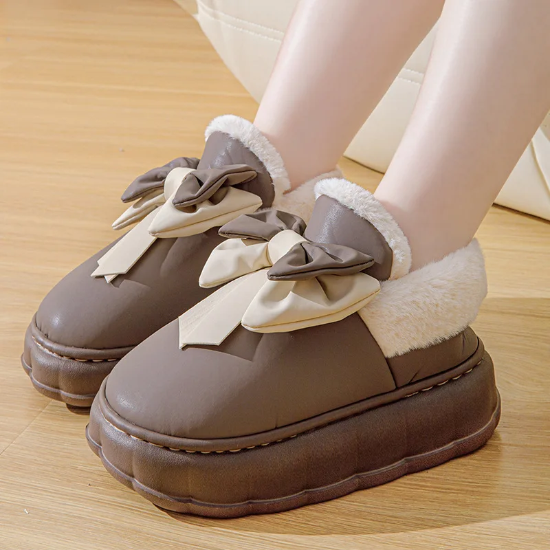 

HH1013 New Cotton Slippers Women's Bag Heel Thick Sole Home Fashion Waterproof PU Leather Slippers Winter