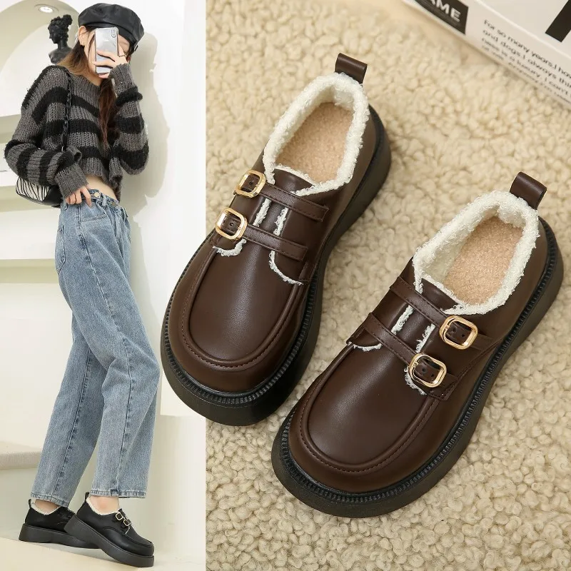 Купи 2022 Winter Shoes Women British Style 2022 New Thick-soled College Style Casual Loafers Genuine Fashion Shoes Girls за 899 рублей в магазине AliExpress