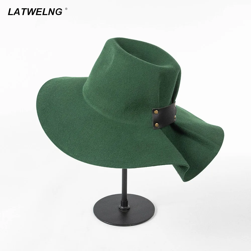 

Модные дизайнерские винтажные плиссированные фетровые шерстяные женские осенне-зимние теплые шапки дамские широкие джазовые шапки с кожа...