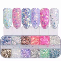 12 grids holographic nail glitter flakes sequin shiny fluorescence mermaid powder flakes manicure powder pigment dust decoration