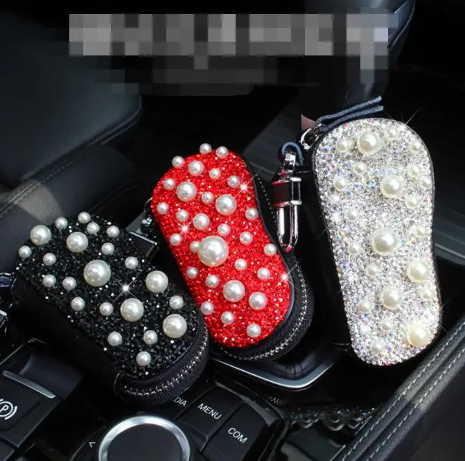 

car leather remote control car keychain key cover Leather Rhinestone Diamond Metal Buckle Zipper Multifunctional Keychain