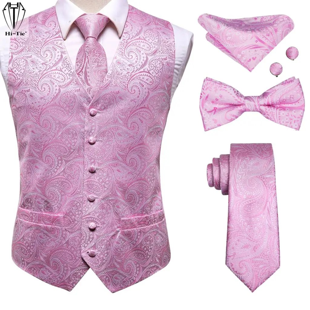 

Hi-Tie Luxury Silk Mens Vests Pink Paisley Waistcoat Necktie Bowtie Hanky Cufflinks Set Waist Jacket For Men Dress Suit Wedding