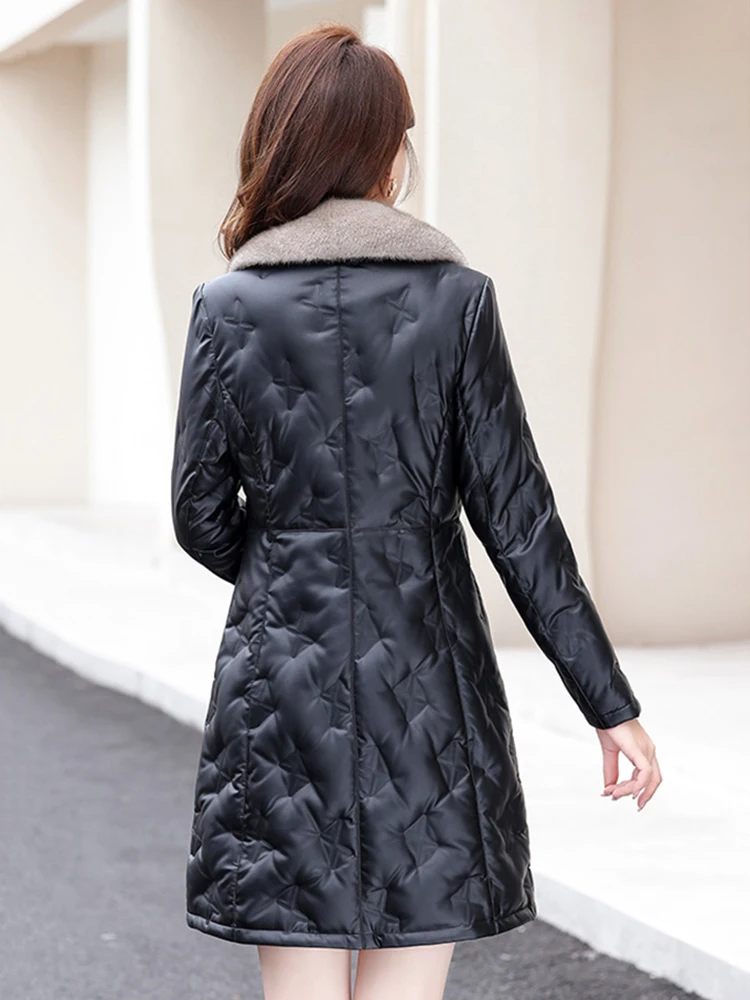 New Women Leather Down Coat Autumn Winter Casual Fashion Real Mink Fur Collar Medium Long Thick Warm Sheepskin Down Outerwear