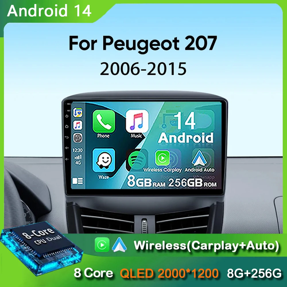 Автомобильный радиоприемник на Android 14 для Peugeot 207 CC 207CC 2006 - 2015 беспроводной Carplay