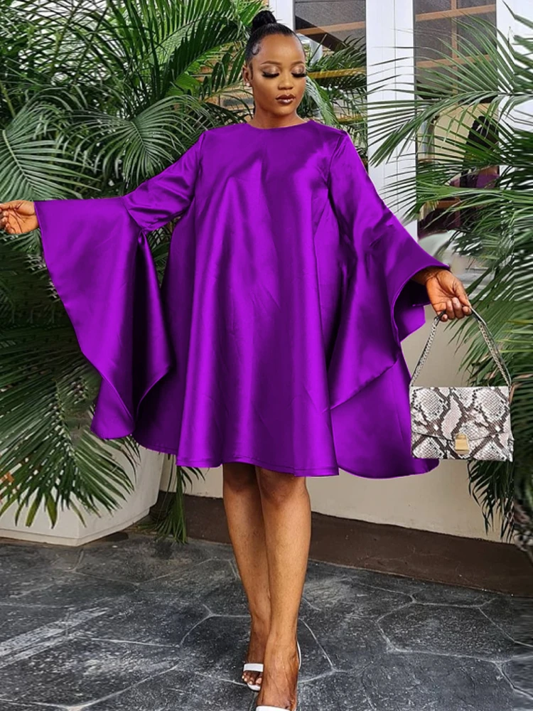 

Women Loose Shirt Purple Dress Shiny Glitter Casual Big Flare Sleeve O Neck Dresses Oversized Female Robes Large Size 3XL Gowns