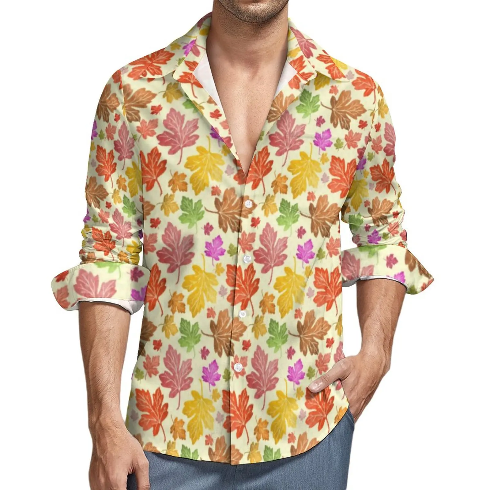 

Рубашка мужская с принтом листьев, Повседневная блузка свободного покроя с цветными кленовыми листьями, топ с графическим принтом и длинным рукавом, большие размеры, весна-осень