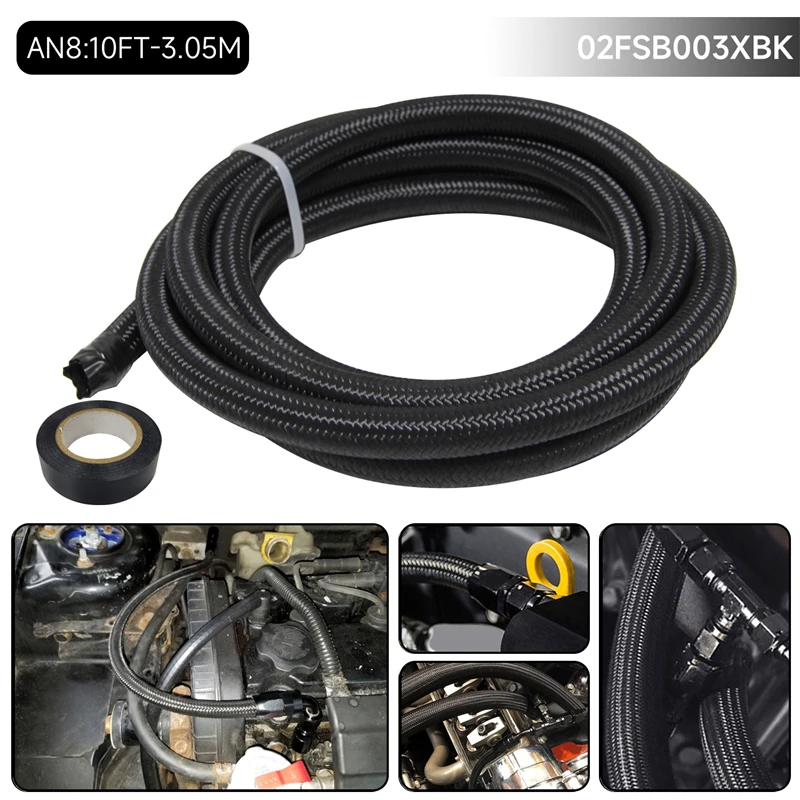 

10FT 3M /16.4FT 5M AN8 Nylon / Steel Stainless Steel Braided Fuel Line Hose For Fuel Return Line Oil Feed Line Black/ Silver