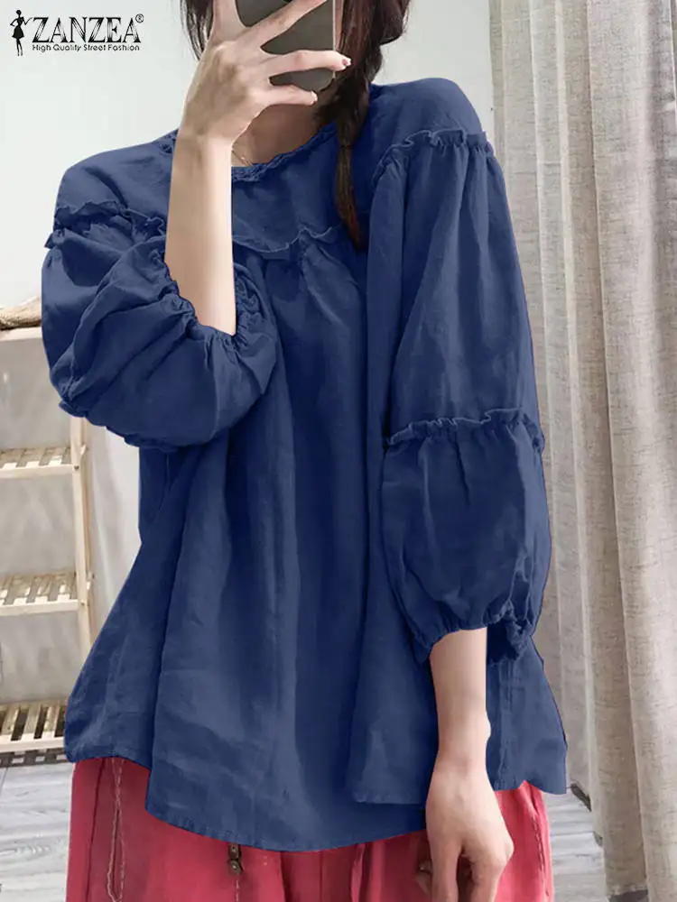 

ZANZEA 2023 Spring Women Blouse Vintage Ruffles Blusas O Neck 3/4 Sleeve Cotton Solid Party Tops Tunic Casual Loose Oversized