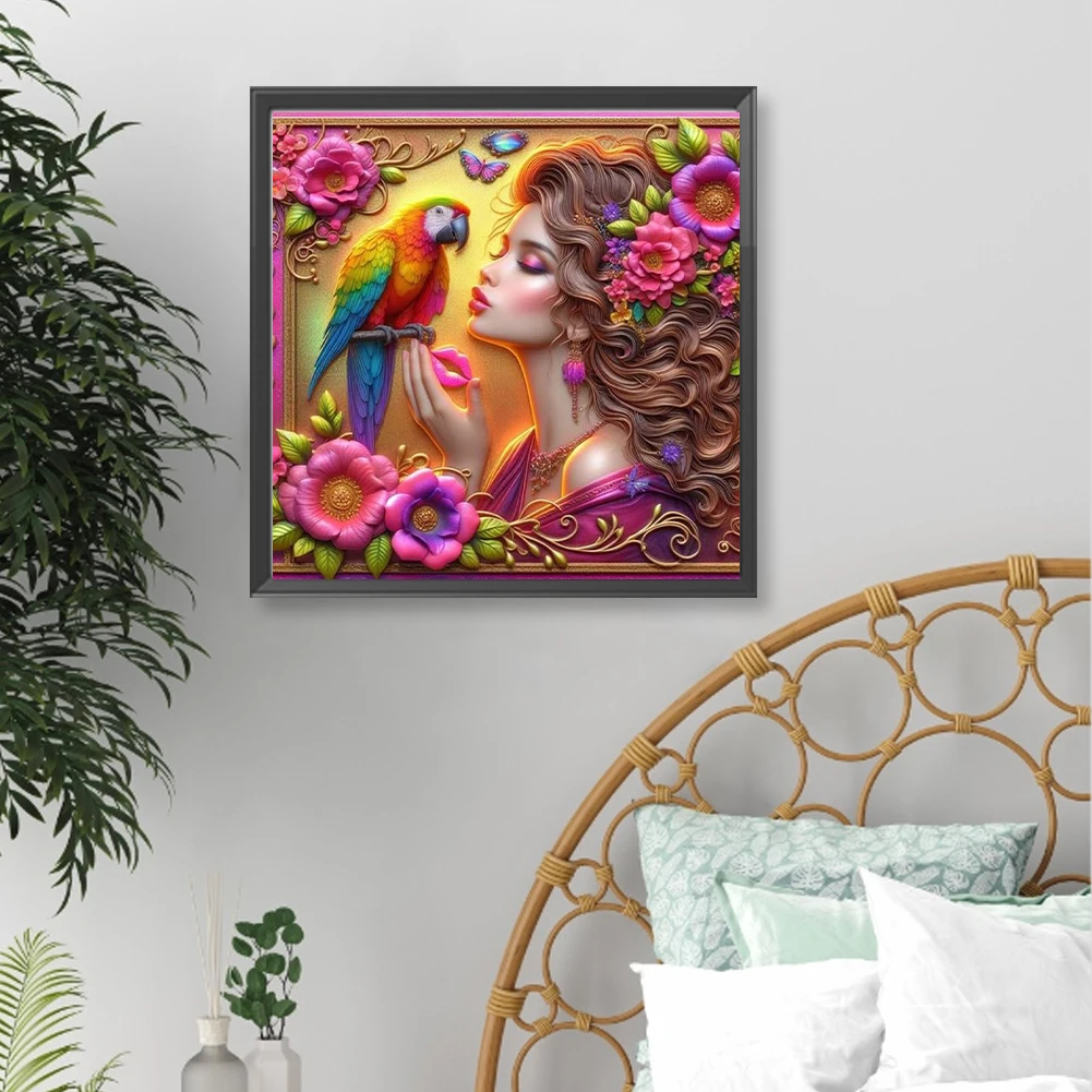 5D DIY Полный круглый дрель Алмазная картина Попугай Девушка Декор Художественное