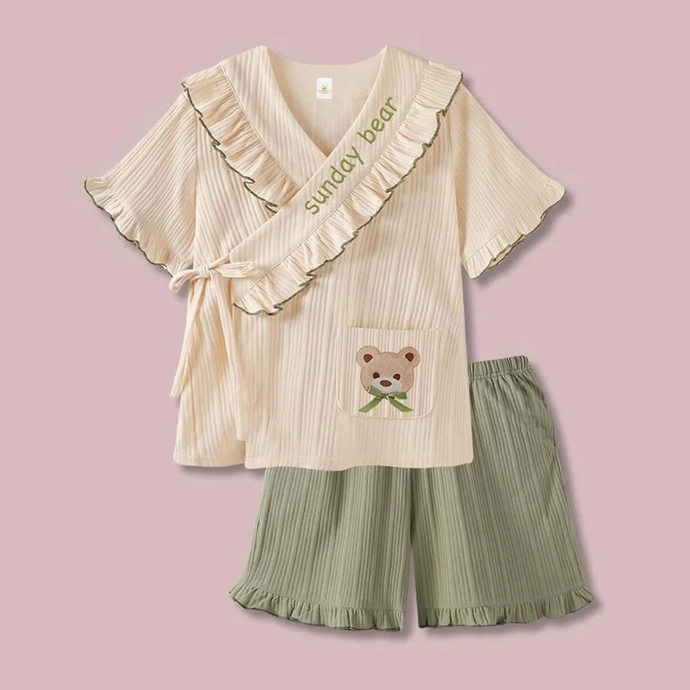 

2023 100% Cotton Pajamas Women Short Sleeve Sleepwear Lovely Kimono Pajamas 2 Piece Bear Printing Pijamas Female Set Homewear