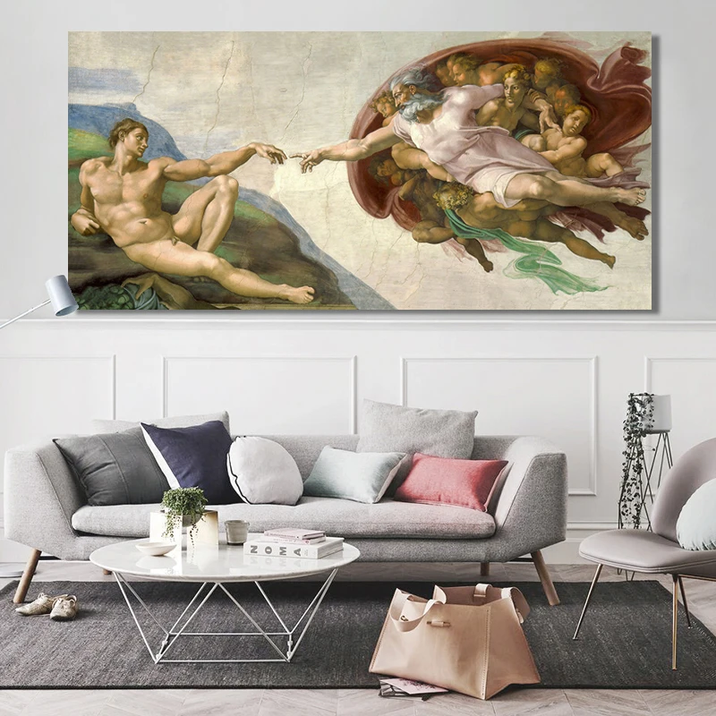 

Sistine Chapel Ceiling Fresco of Michelangelo Creation of Adam Poster Print on Canvas Wall Art Picture for Living Room Decor
