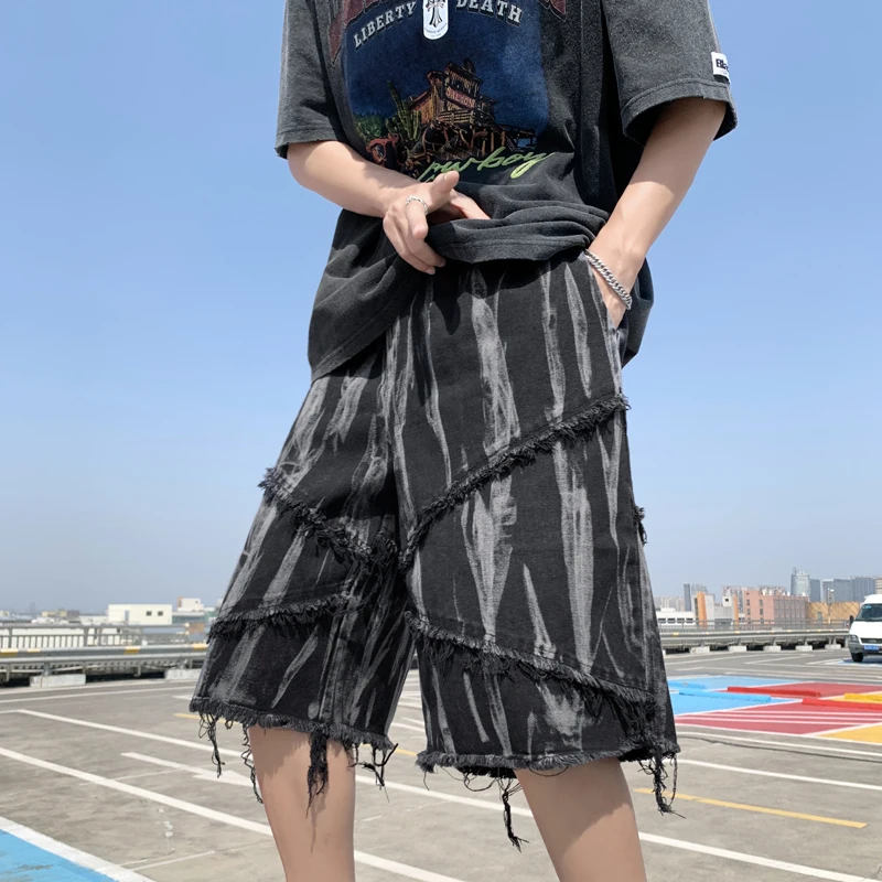 

2022 new men's high street dark tie-dye printing raw edge denim shorts tide brand loose casual five-point pants