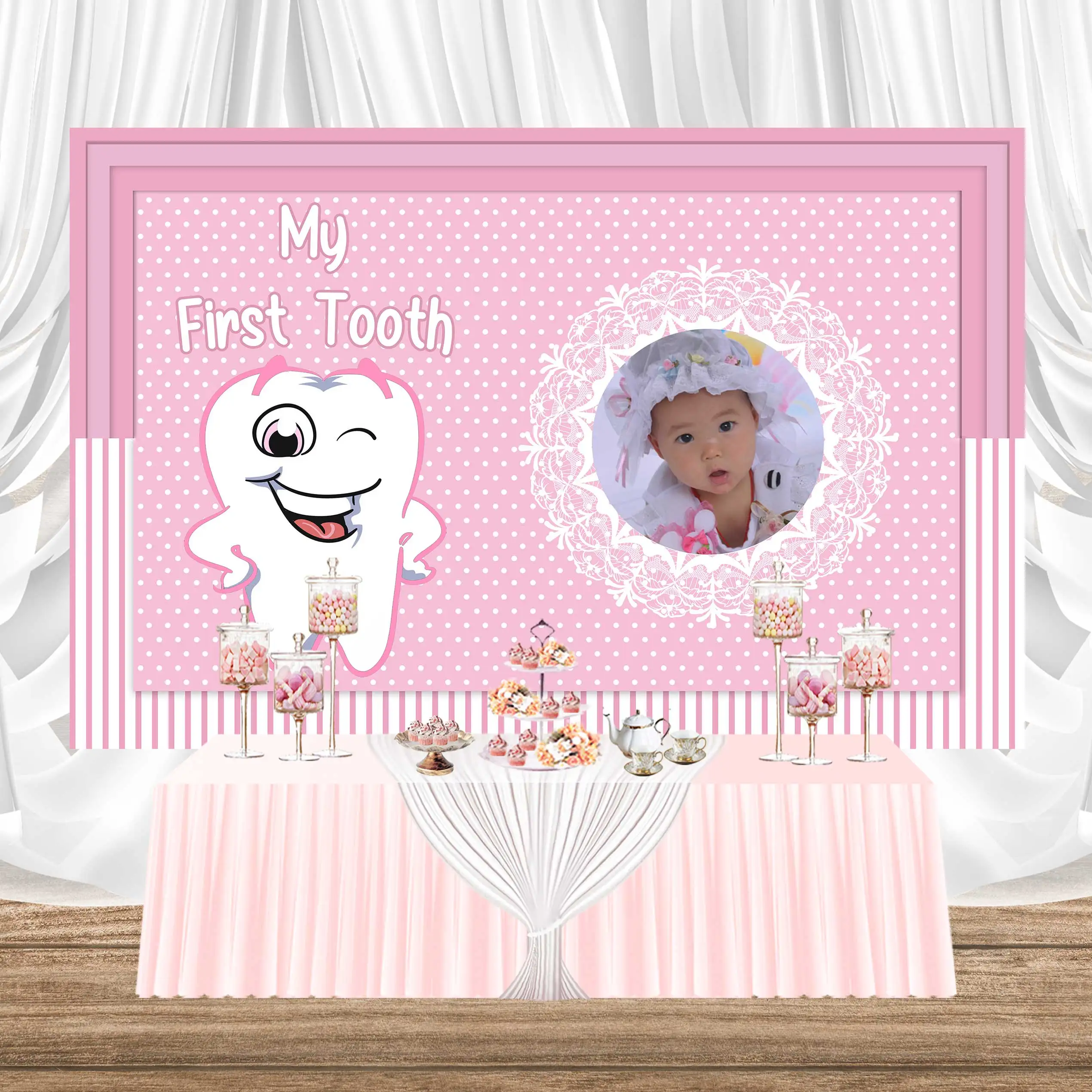 Фотофон SeekPro в розовую точку с моими первыми зубьями для детской фотосъемки |