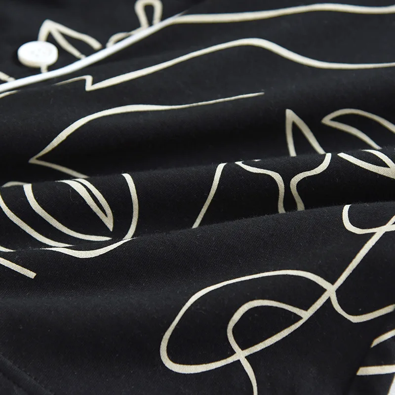 Cotton Loose Pajama Set Women Long Sleeve Nightwear Autumn Turn-down Collar Printing Pajamas Men Loungewear Sleepwear Black