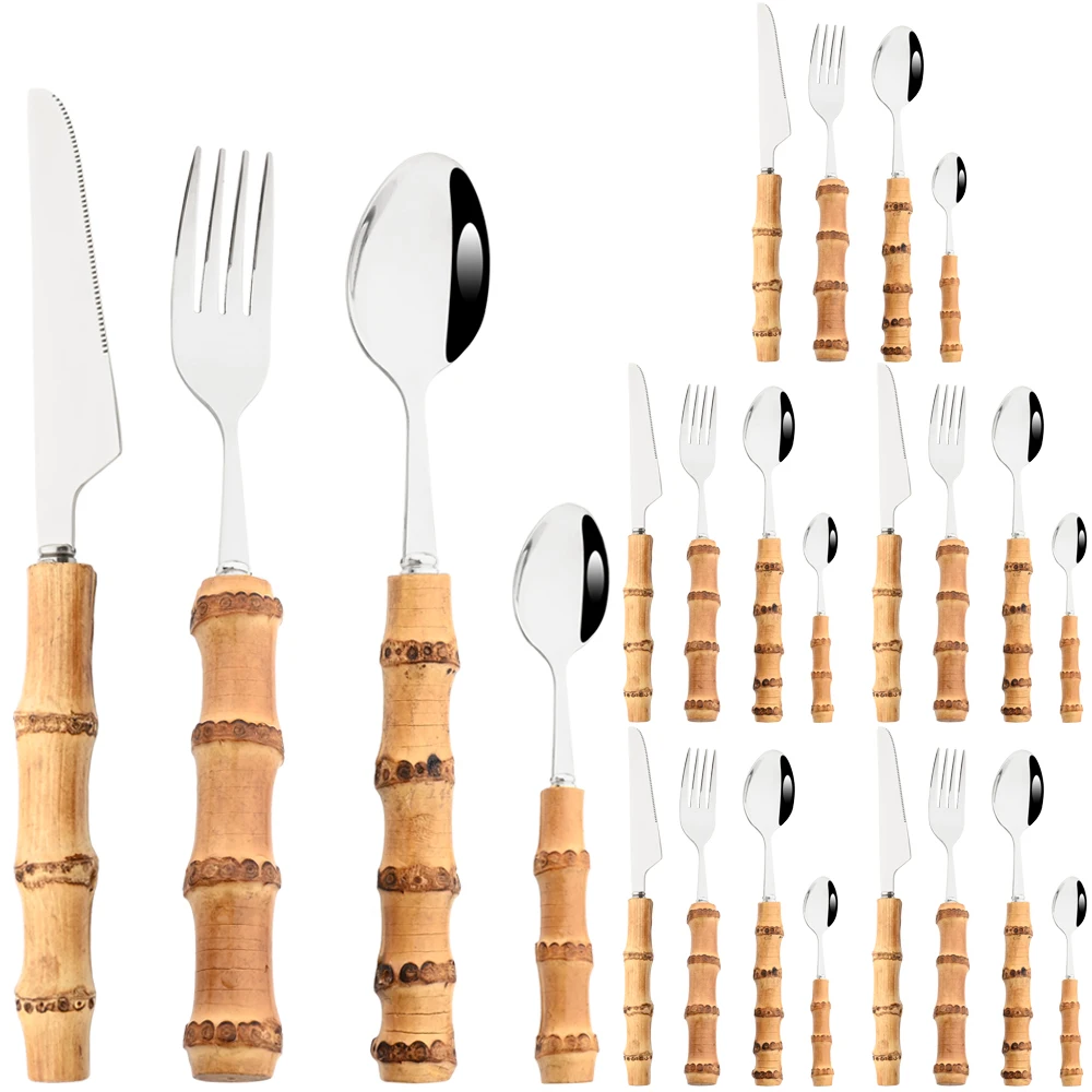 

4/6/16/24 шт., столовые приборы с ручкой из бамбука