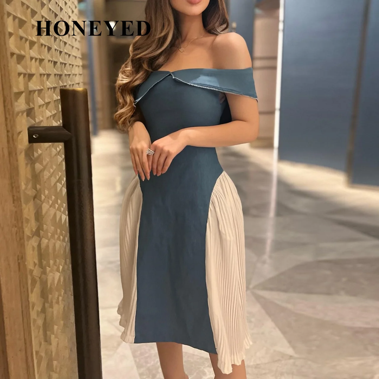 

Honeyed 2023 White Blue Saudi Arabia Women's Prom Dresses Off The Shoulder Knee Length Formal Occasion Dresses Evening Gowns