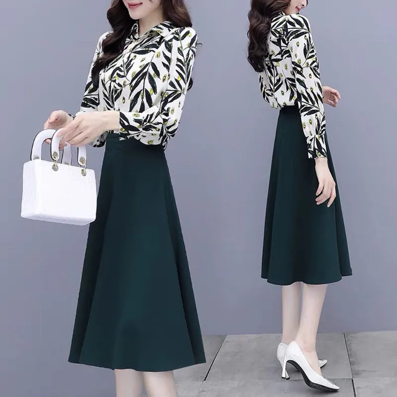 

Suit Female 2022 Spring New Women's Skirt & Polo-Neck Bow Print Pullover Blouse 2 Pieces Set Office Lady Oversize Costume