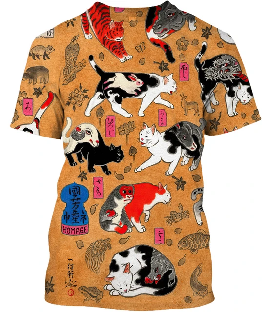 Japan Samurai Cat Print Men's T Shirts Street Trend Women Casual Tees Summer Fashion O-neck Short Sleeve Tops Oversized Clothing 1