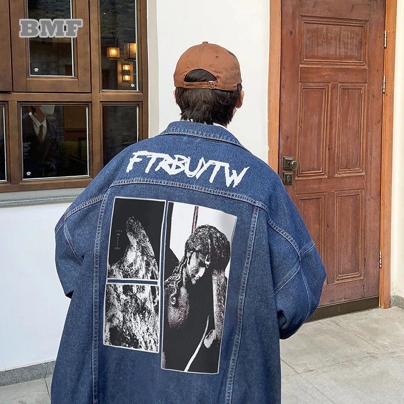 

Korean Style Hip Hop Print Denim Jacket Men Clothing Japanese Harajuku Plus Size Casual Coat Kpop Oversize Couple Clothes Unisex