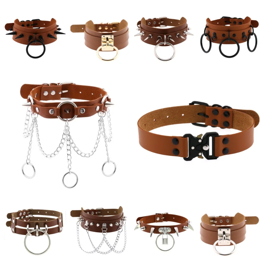 

Fashion Punk Light Brown PU Leather Necklace for Women Contrast Egirl Goth Spike Choker Necklace Sexy Collar Jewelry Party Gifts
