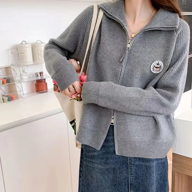 Серый вязаный свитер кардиган женский осенне-зимний новый пальто с отложным