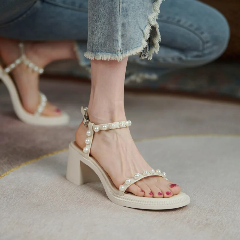 

Женские босоножки на высоком каблуке, мягкие сандалии с открытым носком и ремешком на щиколотке, Украшенные бусинами, вечерние Классически...