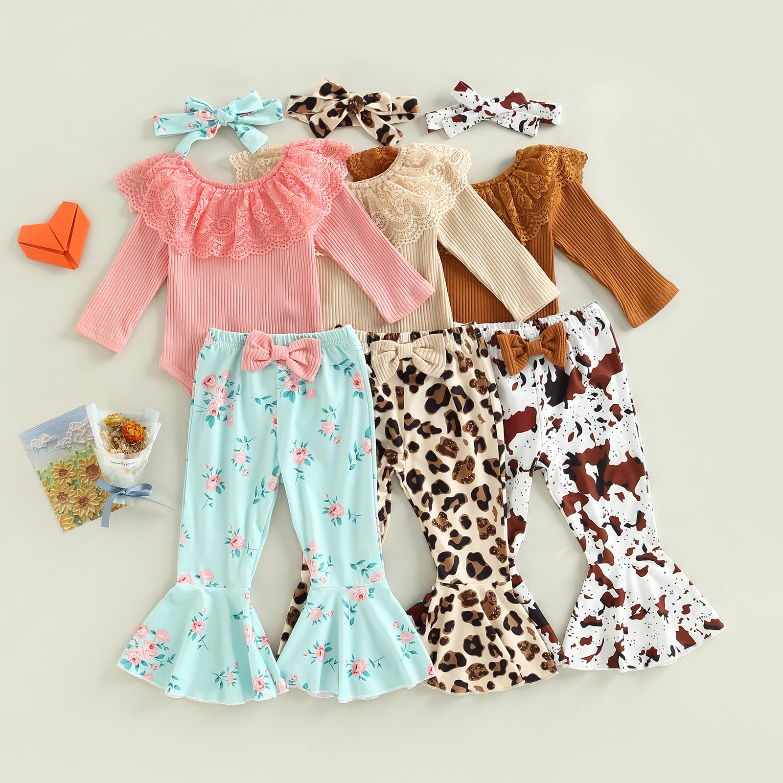 

Infant Baby Girls Clothes 3 Pieces Outfit Lace Ruffles Knitted Ribbed Romper Leopard Floral Print Flare Pants Headband Set