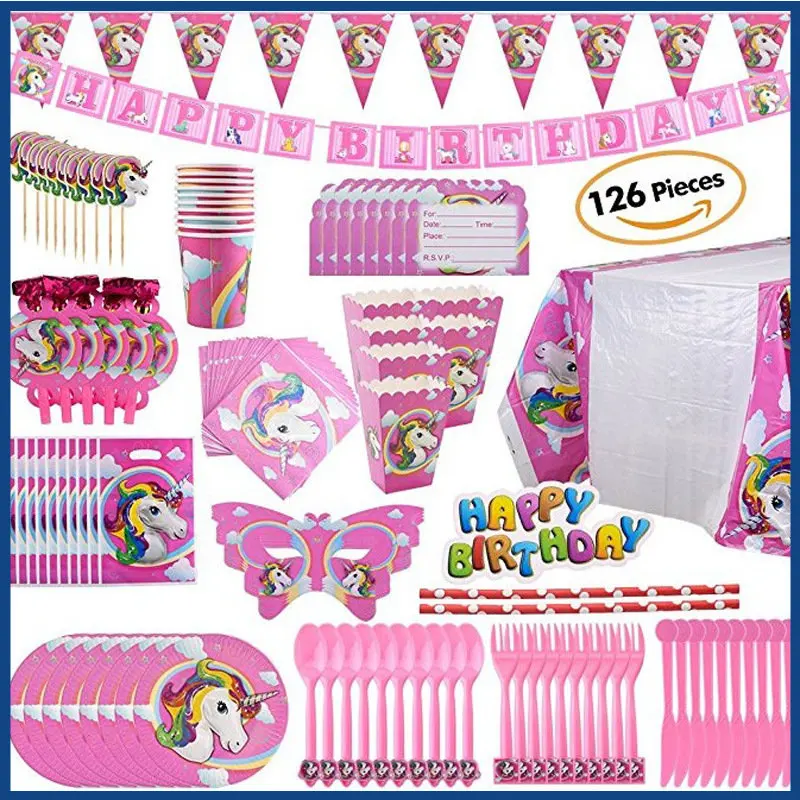 

Unicorn Party Supplies Disposable Tableware Kit Table Paper Plate Napkin Cup Children Birthday Decor Kids Event Party Supplies
