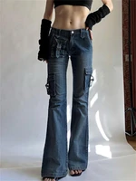 women vintage fitness disco flare pants aesthetic dj jeans trousers 2022autumn low waist multi pockets hippie jeans