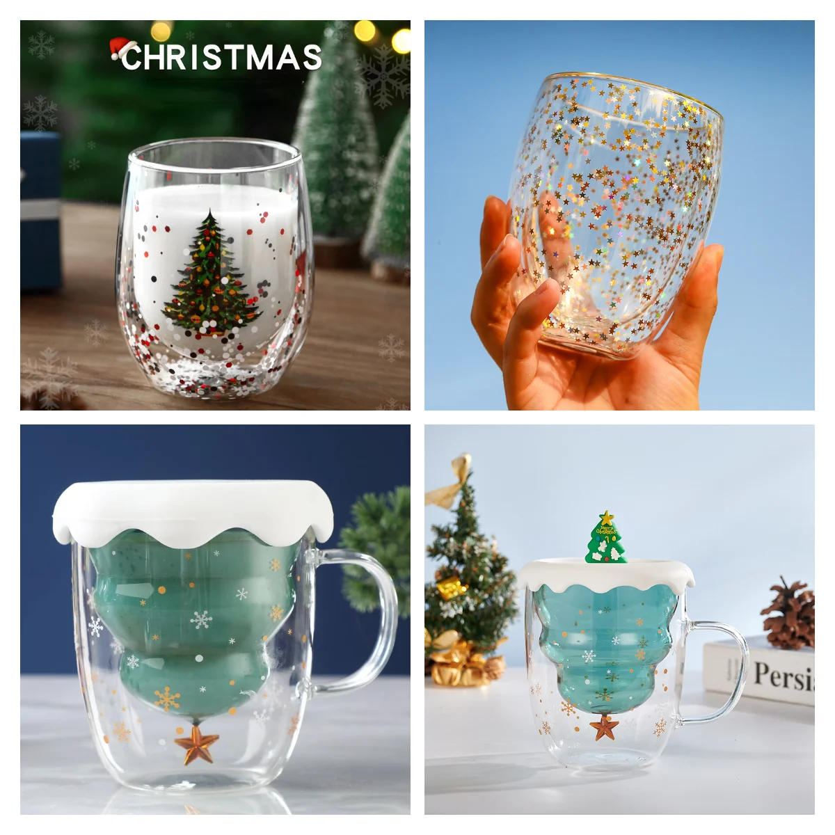 

2022 New Christmas Tree Cup Heat-resistant Double-layer Cup Flowing Sequins Christmas Cup for Water Milk Coffee Glass Xmas Gift