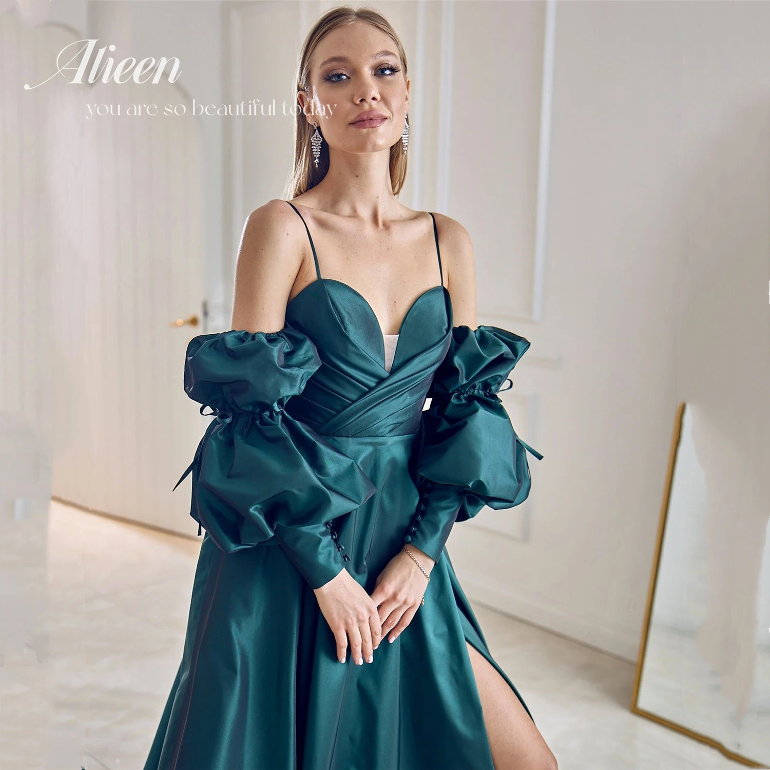 

Атласные Длинные Роскошные вечерние платья для выпускного вечера с рукавами-фонариками Aileen, темно-зеленые элегантные вечерние платья для женщин 2023, бальное платье, Халат