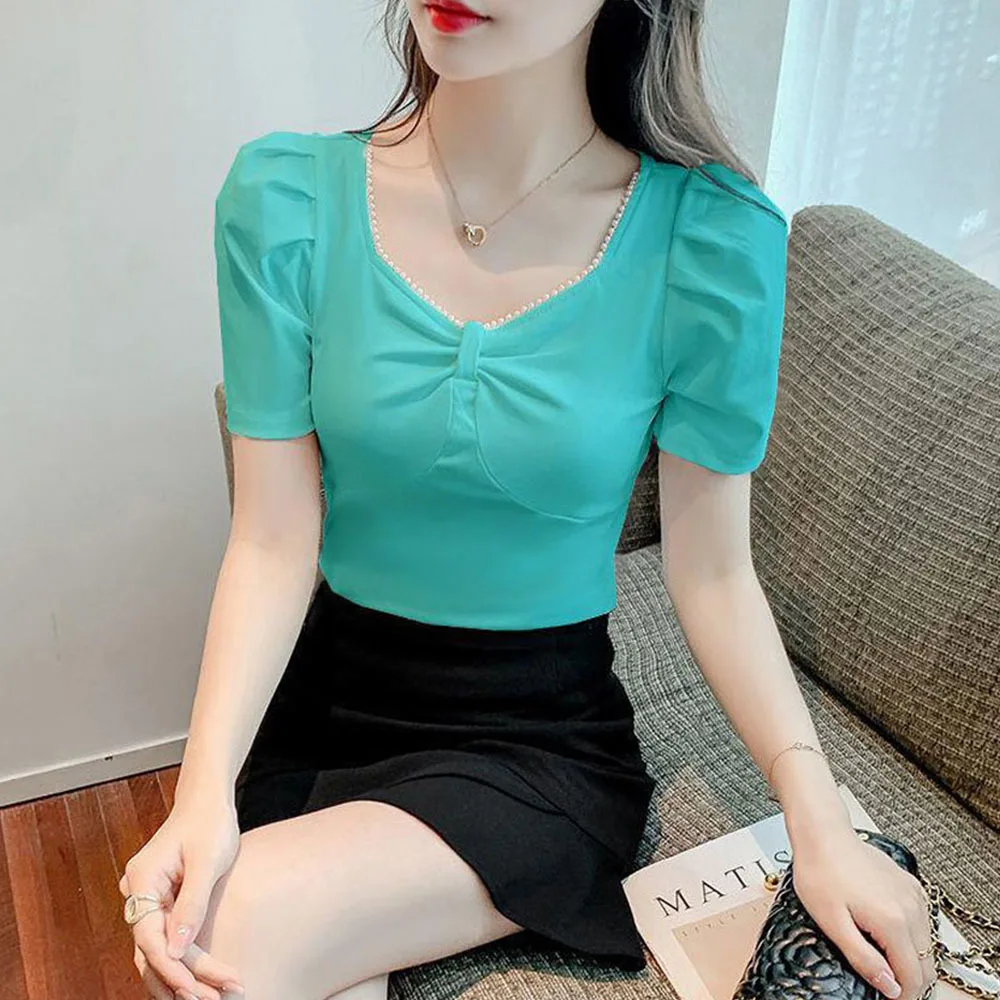 Женские футболки бусина с бантиком футболка квадратным вырезом женский топ